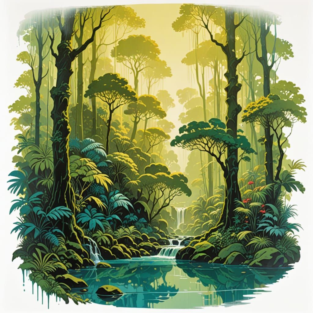 Lush Jungle Waterfall Glade in Impasto Oil Paint