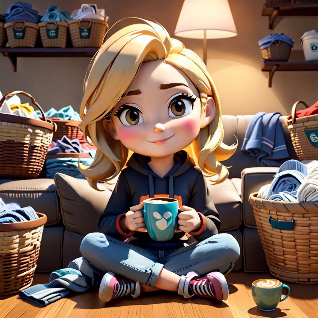 Tired Chibi Girl Surrounded by Laundry, 3D Art