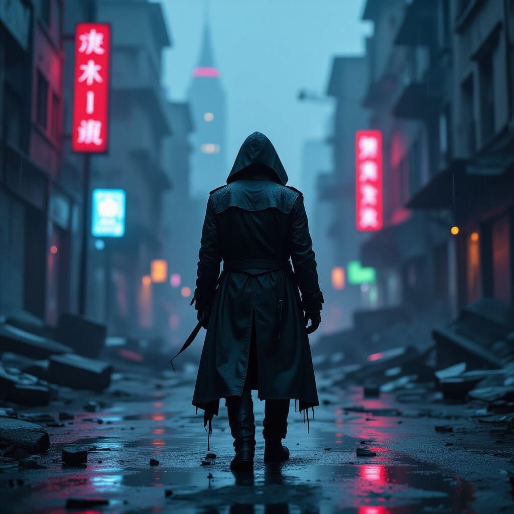 Lone Figure in Dystopian City Ruins