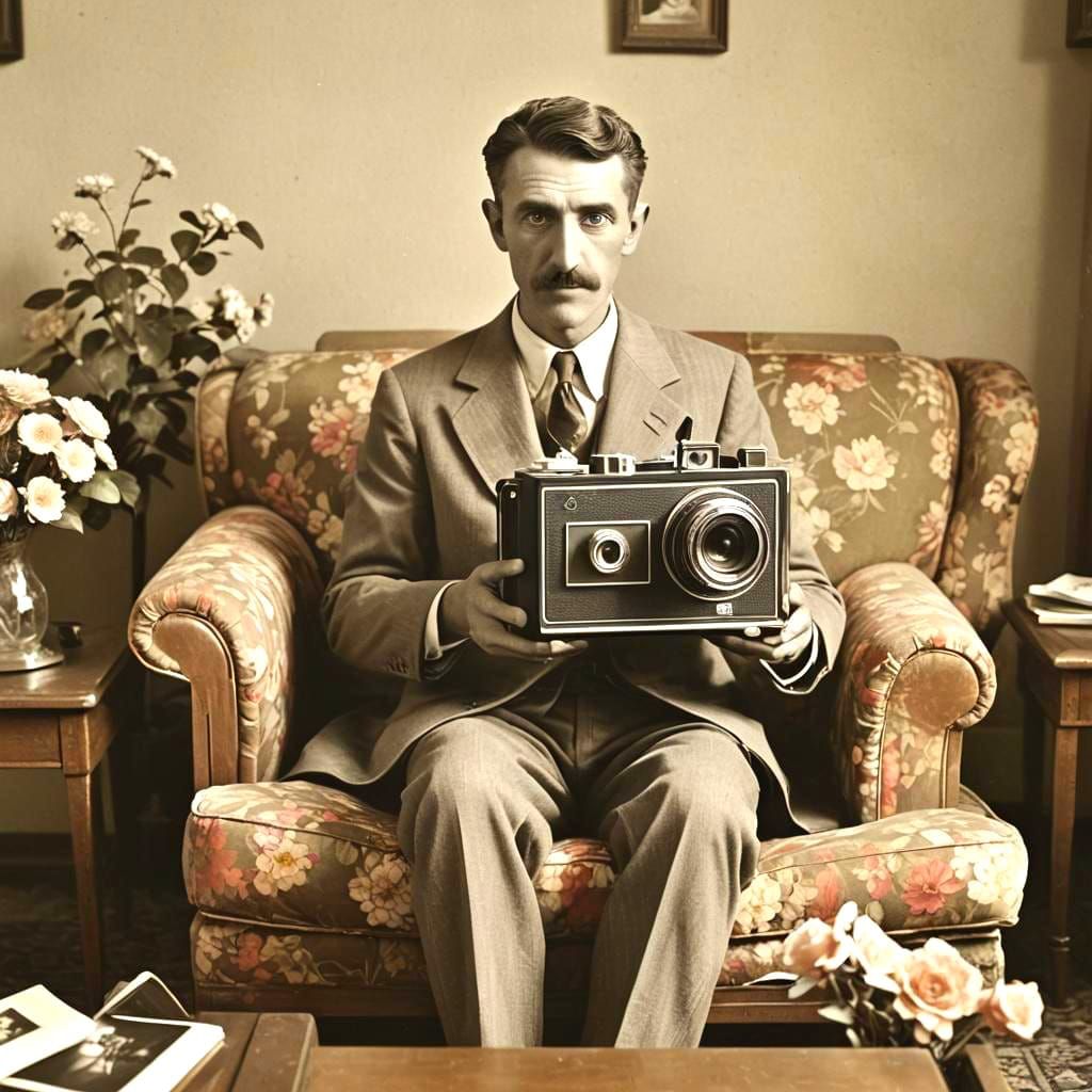 Anthropomorphic Camera Character in Old Living Room