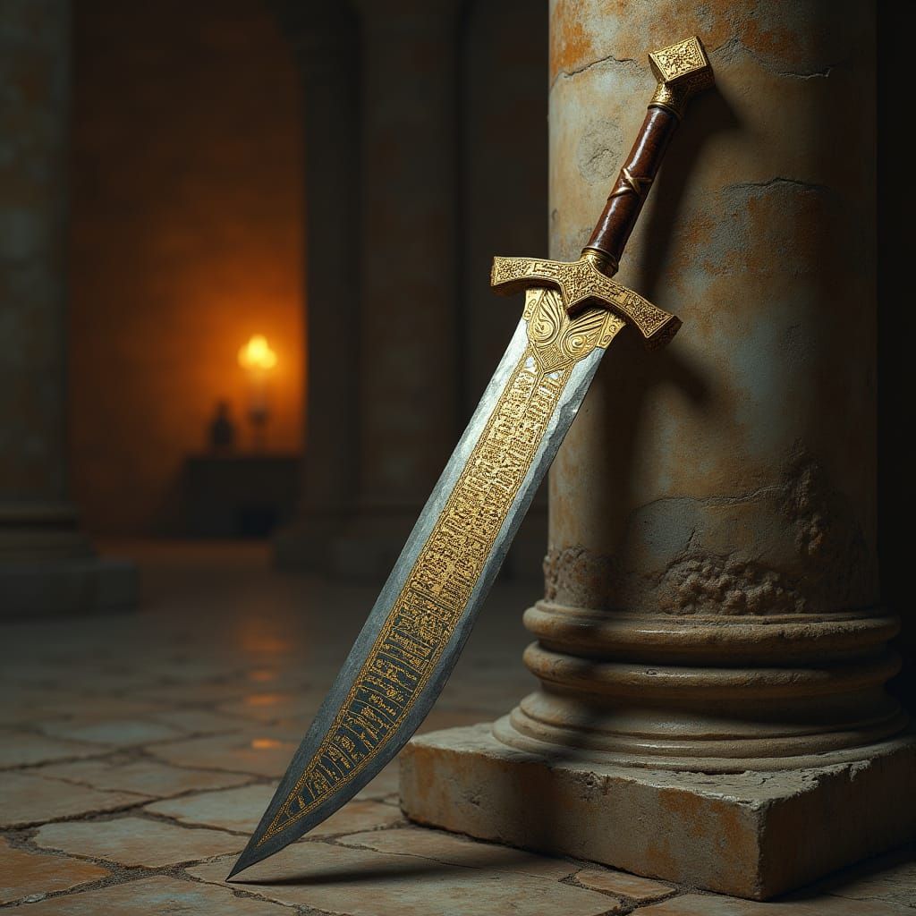 Elegant Long Sword Adorned with Ancient Greek Script in a Cl...