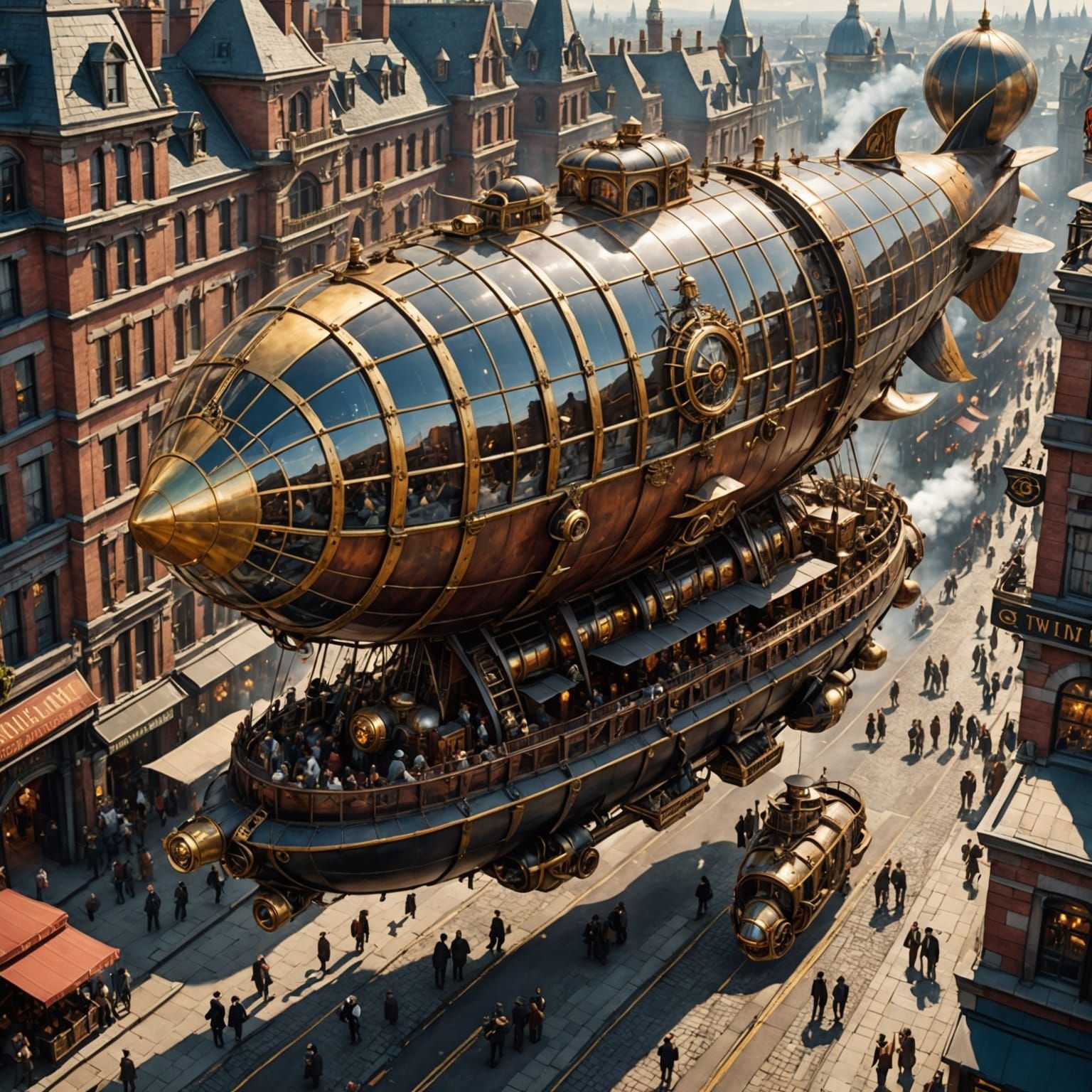 Ornate Steampunk Airship Over Victorian Cityscape