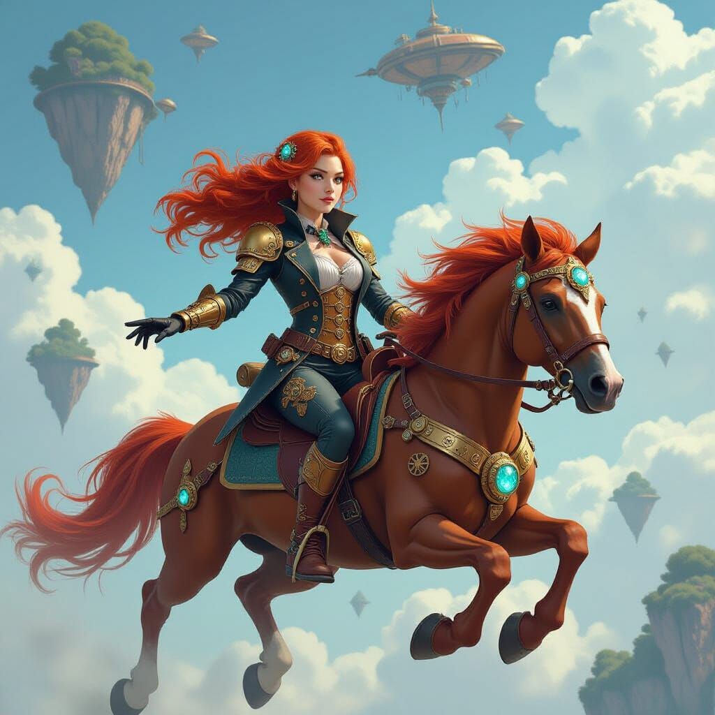 Winged Mustang Steampunk Pilot Soaring Through Skies