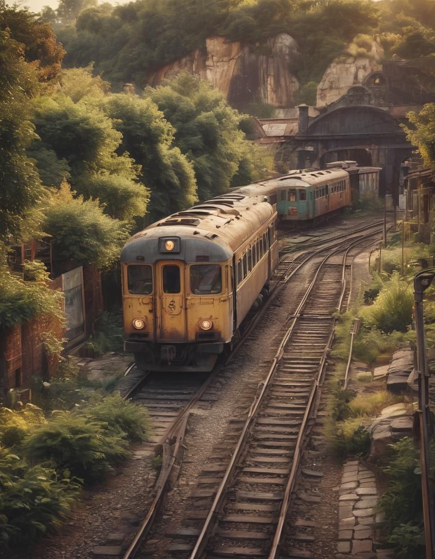 Nostalgic Train at Abandoned Station in Retro Style