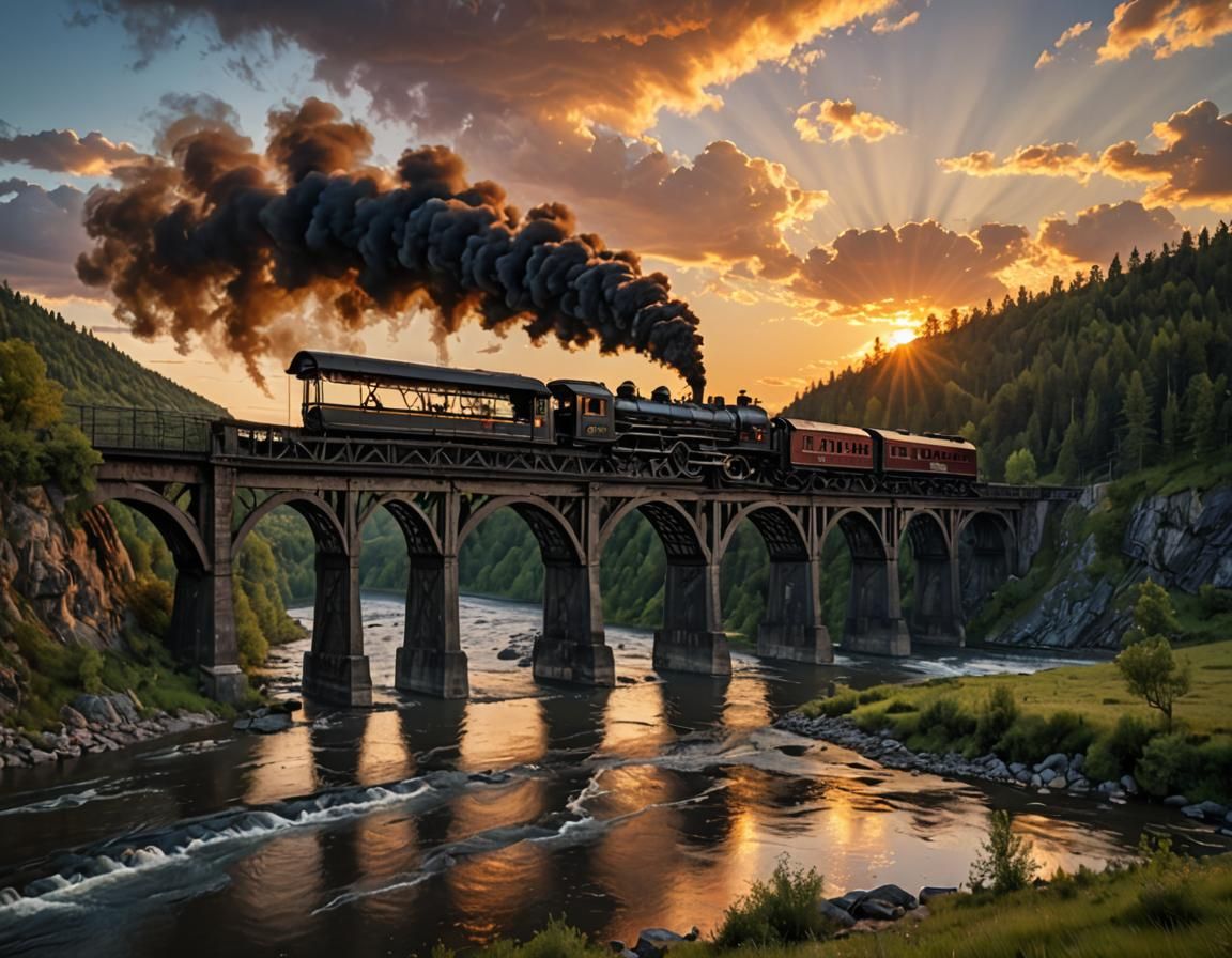 Steam Train on Bridge at Sunset in Sinister Style