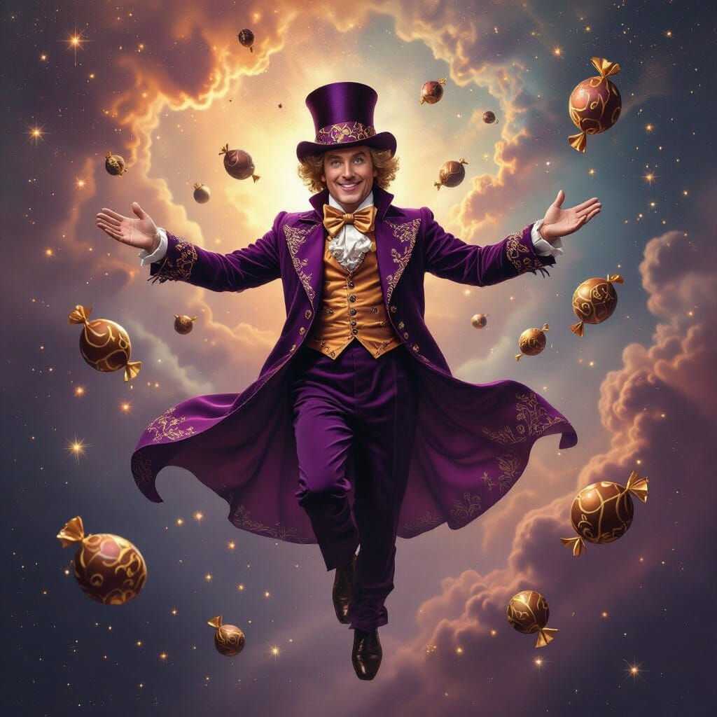 Willie Wonka Floating Through a Starry Nebula