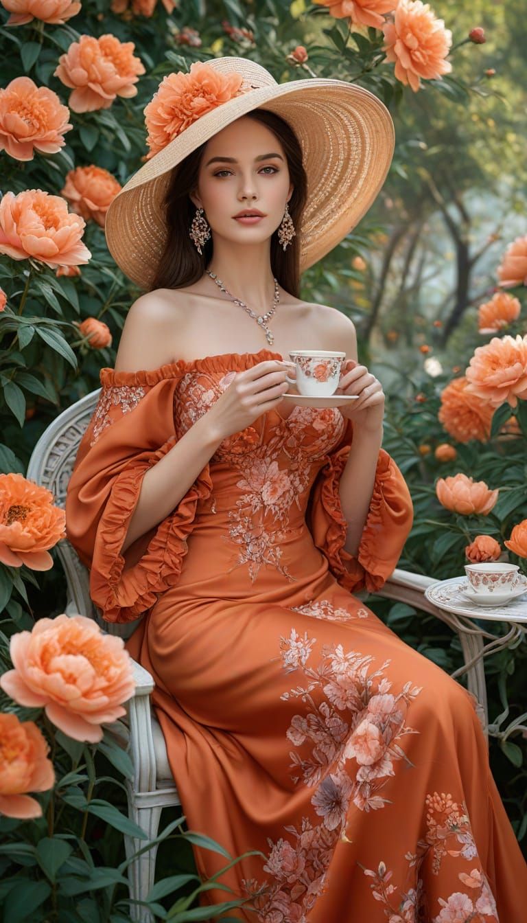 Woman with Tea in Garden, Airbrush Painting