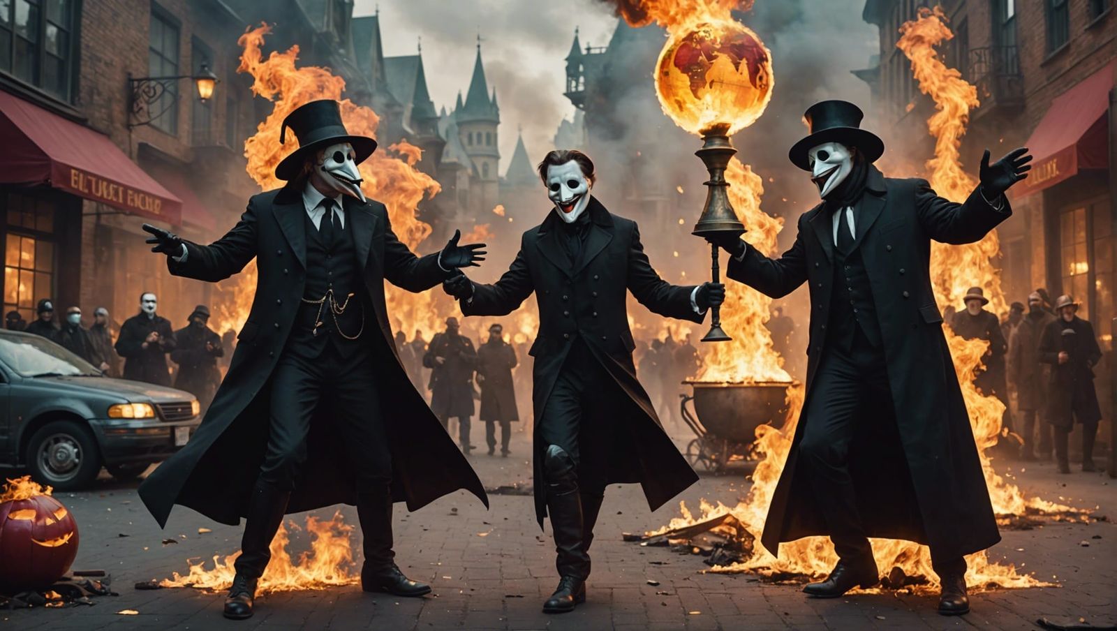 Plague Doctor Dancing with Unlikely Friends as World Burns