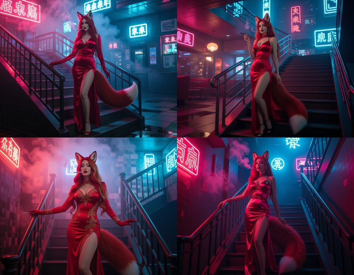 Kitsune in Cheongsam Descends Cyberpunk Nightclub Stairs
