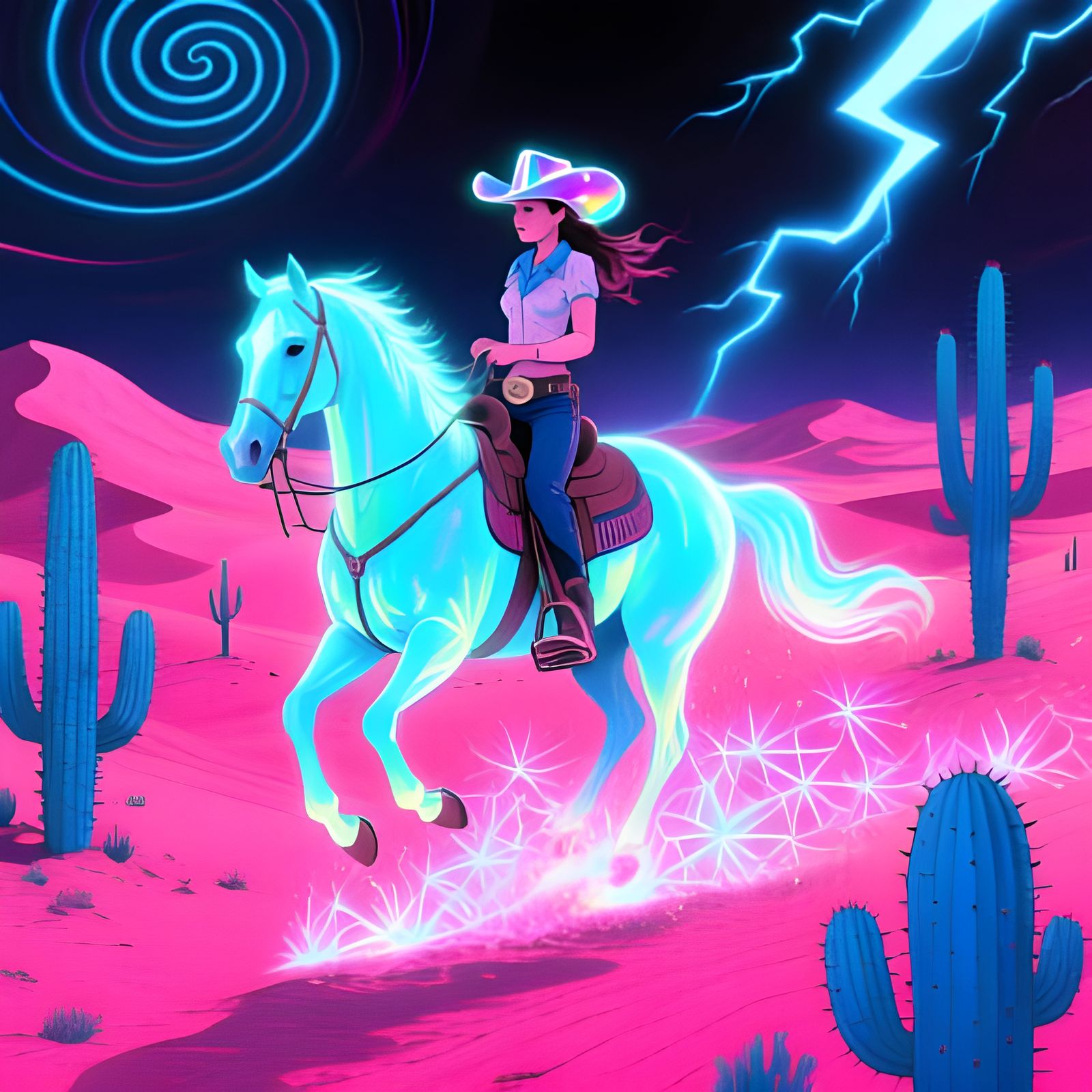 Cowgirl Riding Luminous Horse in Neon Desert Landscape