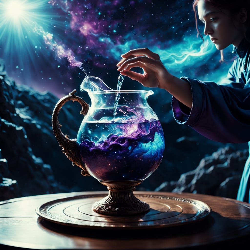 Celestial Water Bearer in Ethereal Cosmic Vessel