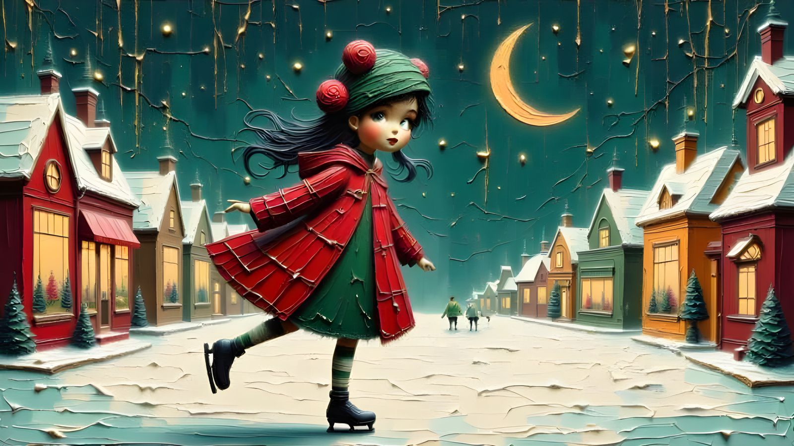 Girl Ice Skating in Christmas Village