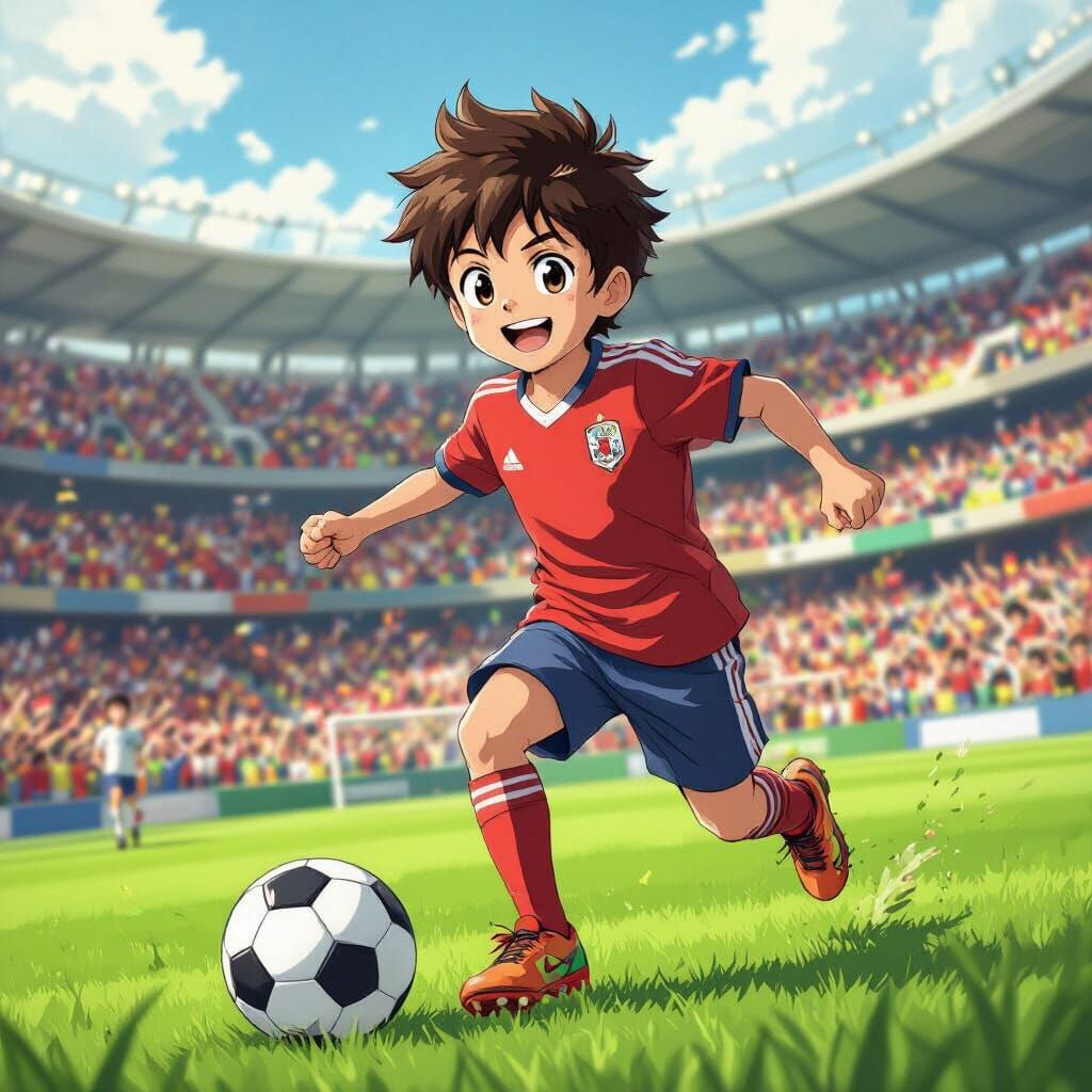 Boy Showcases Football Skills in Anime Style
