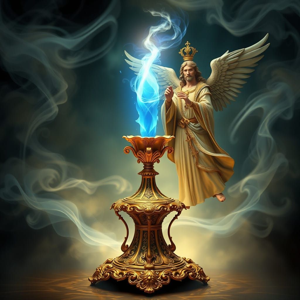 Blue Flame Illuminates Baroque-Style Base Beside Saint Miche...