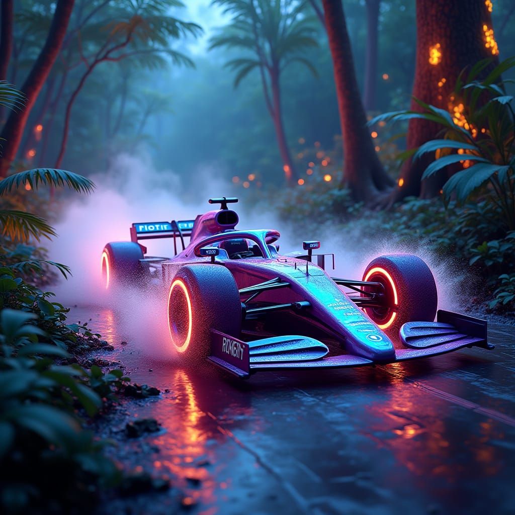 Formula One Car Speeds Through Bioluminescent Jungle in Hype...