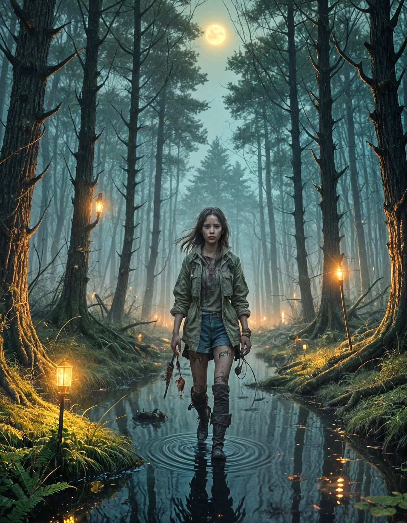 Misty Swamp Escape: Girl Fleeing Zombie Mosquitoes