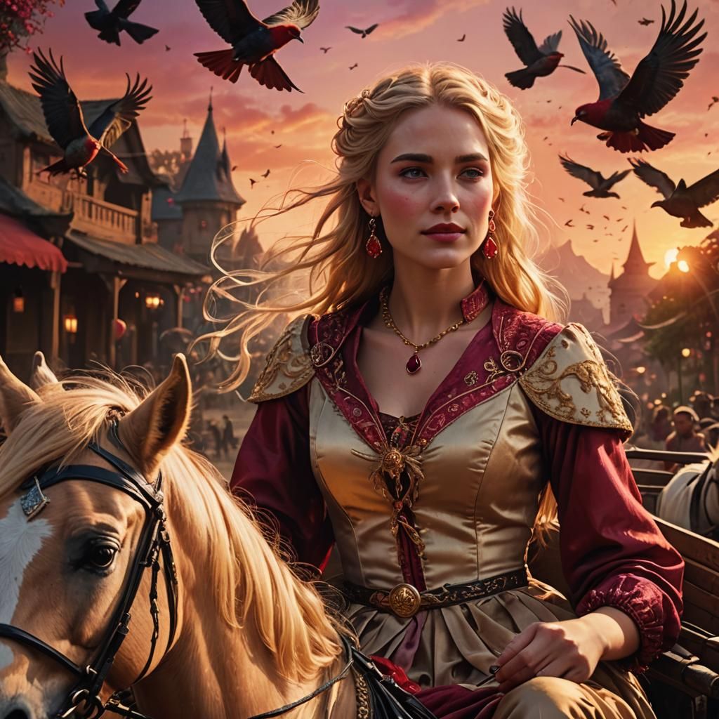 Woman in Silk on Horse Cart at Sunset