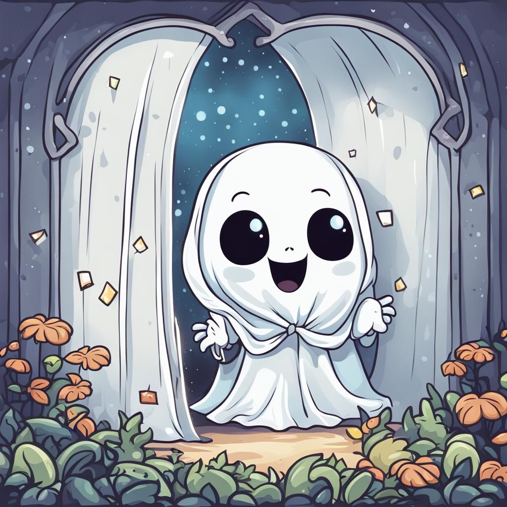 Cute Chibi Ghost Child Playing Peekaboo