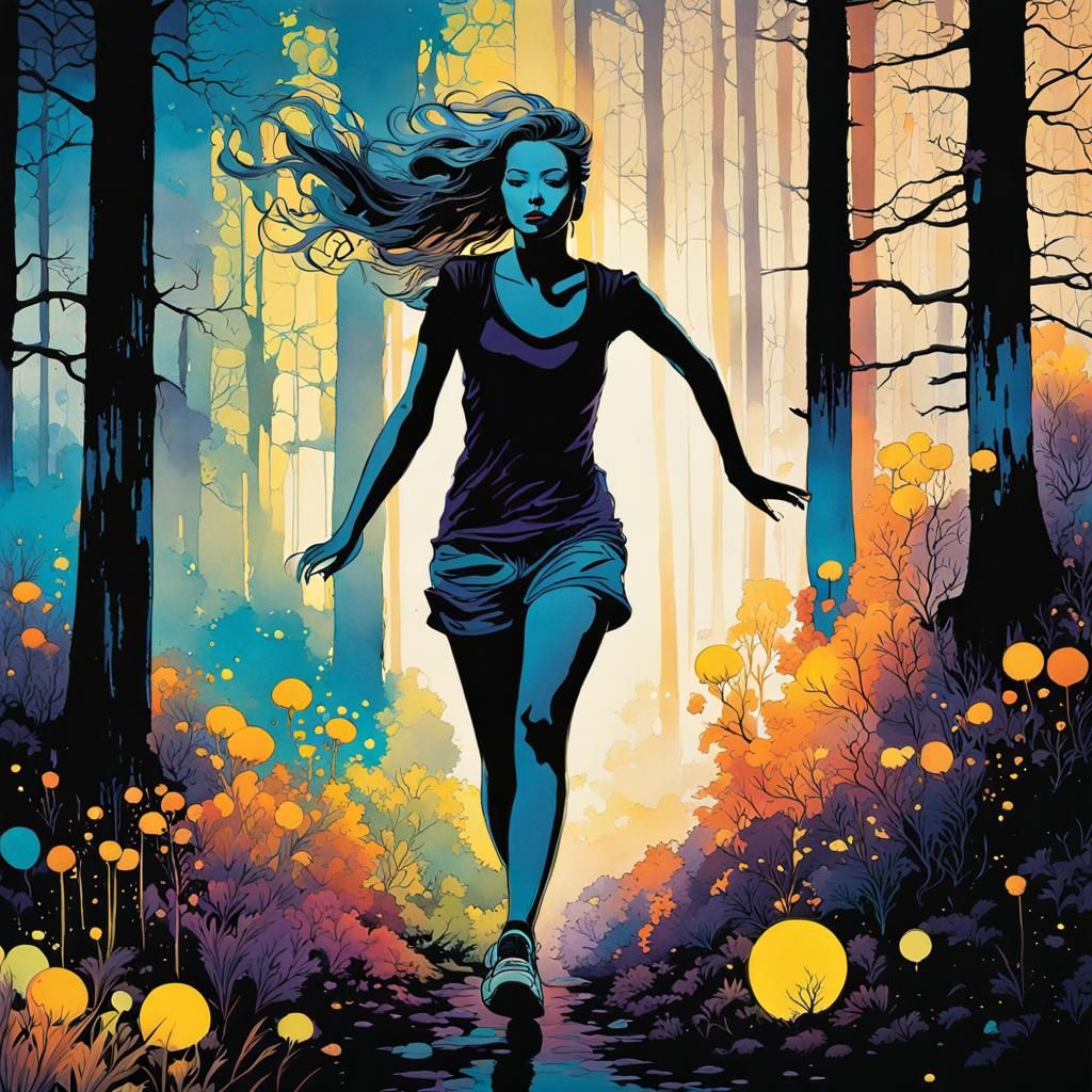 Neon Watercolor Teenage Girl in Moonlit Forest
