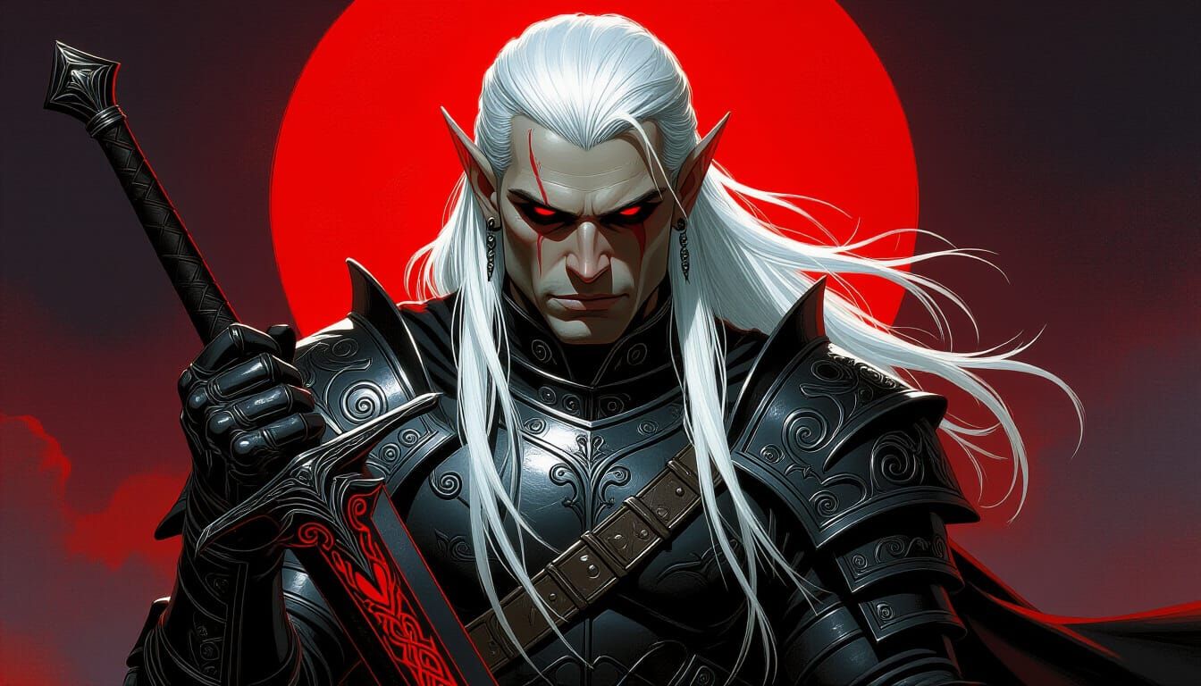 Red-Eyed Elf Warrior with Silver Hair Under Red Moon