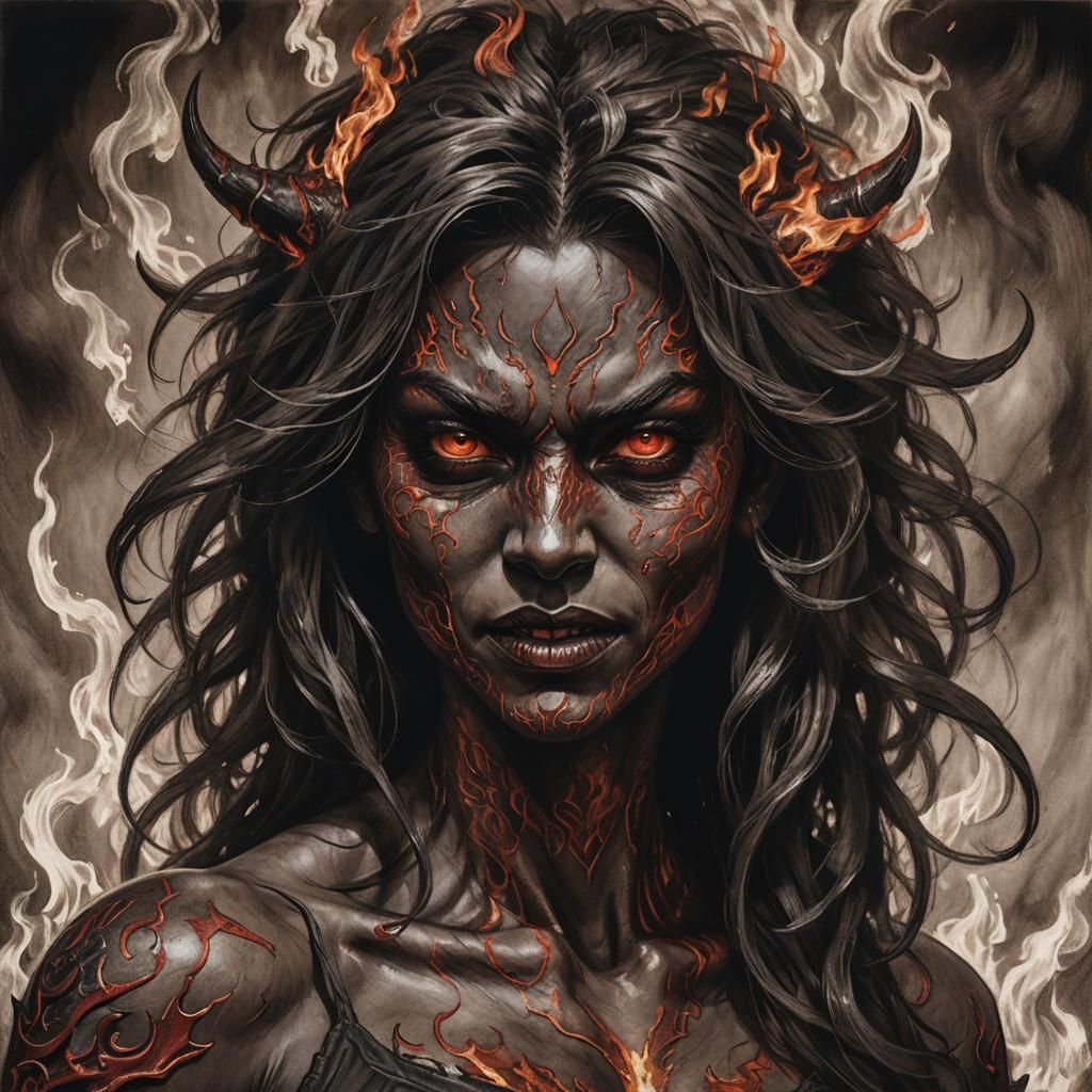 Female Fire demon aged 18, Deep red skin, Black, unruly and ...