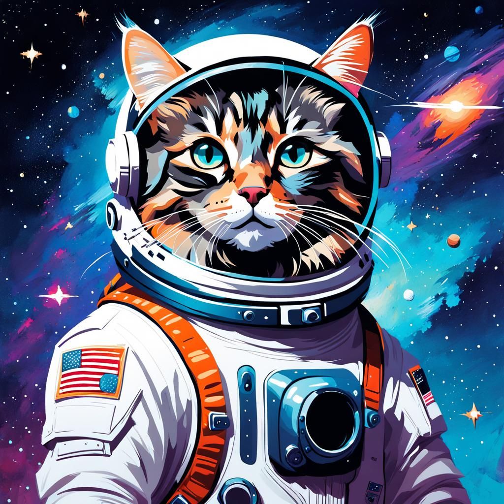 Astronaut Cat in Space: Gouache Style Painting