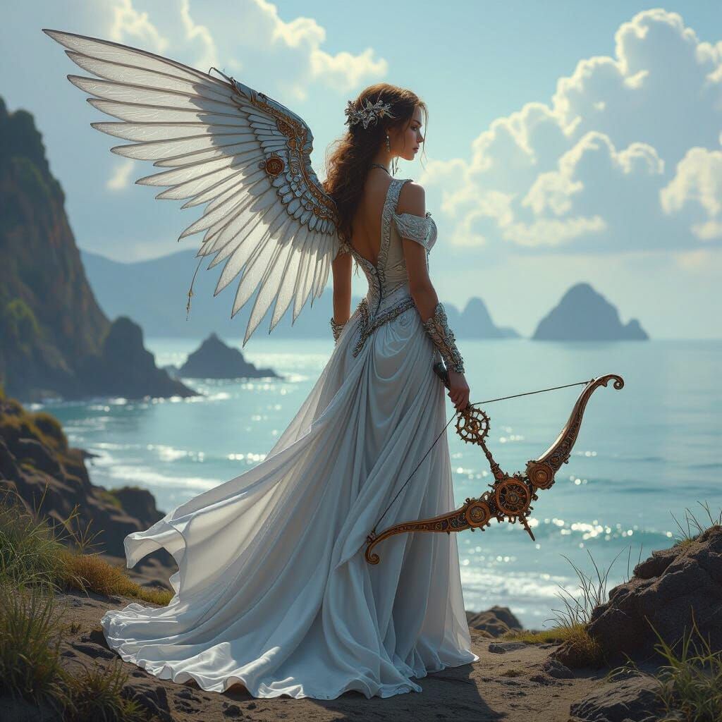 Steampunk Queen with Ethereal Wings on the Shore