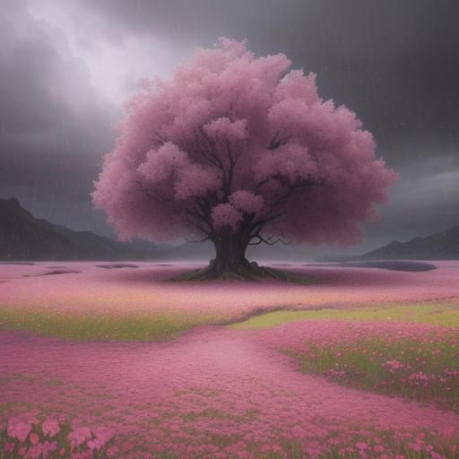 Pastel Pink Flower Field in Rain: Digital Art