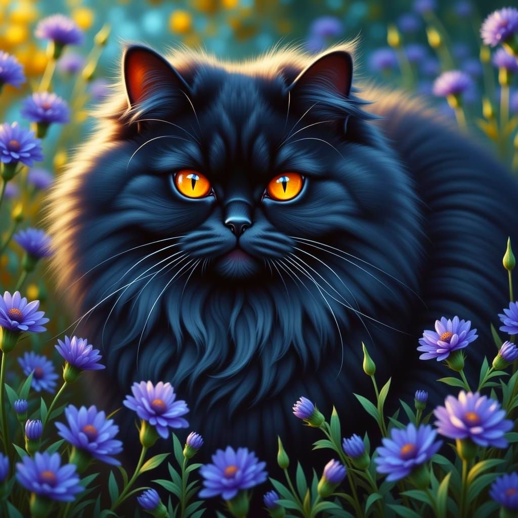 Regal Black Persian Cat Surrounded by Vibrant Catnip Blooms ...