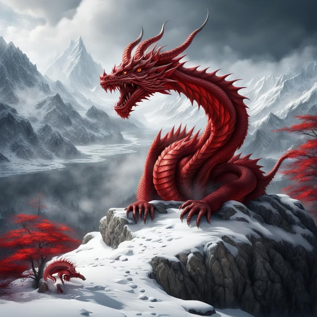 Red Yakuza Dragon in Snowy Mountain Landscape
