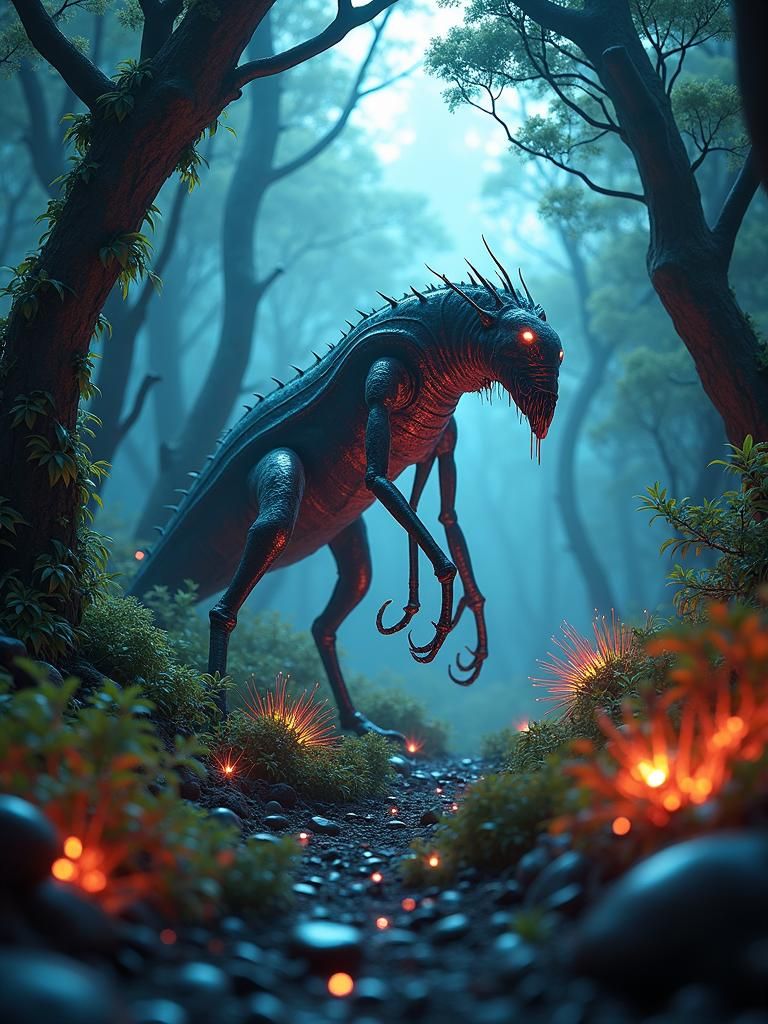 Ultra realistic and ultra detailed picture of a insectoid monster from space. It is standing in a forest from another wo...