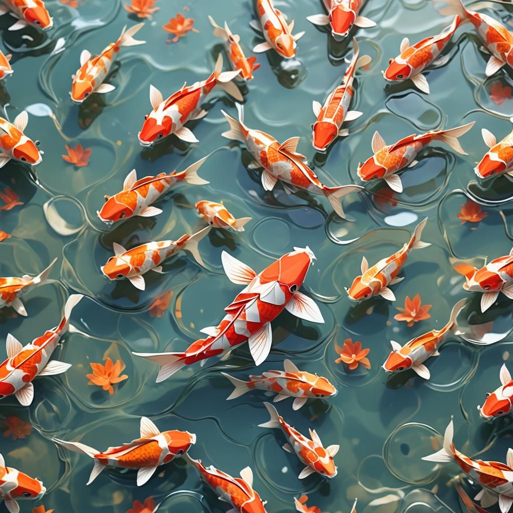 Koi Fish in Glass Lake: Origami Paper Art