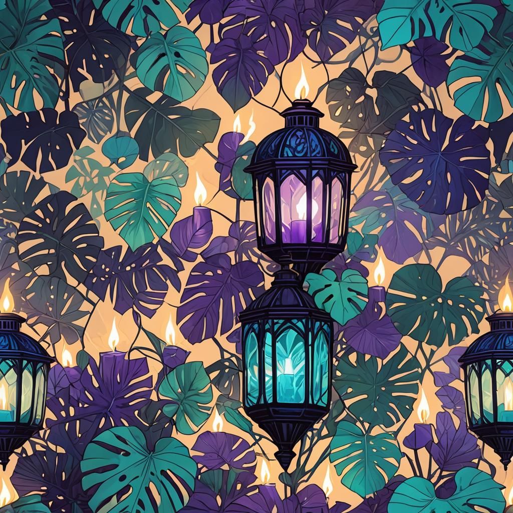Monstera Lantern in Violet, Blue and Turquoise
