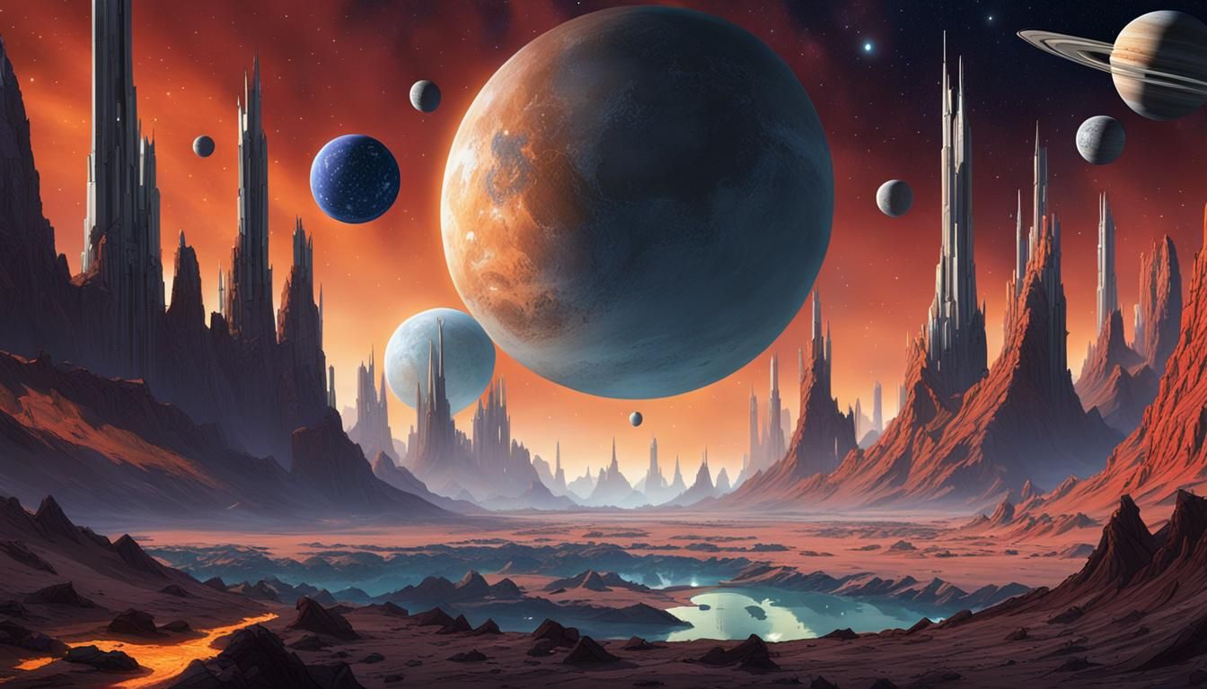 colony, surrounded captured planets set against a distant mo...