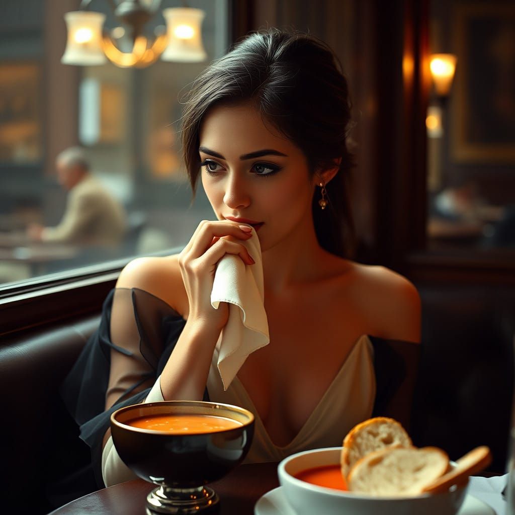 Elegant Woman Savoring Tomato Bisque in Upscale Dining Setti...