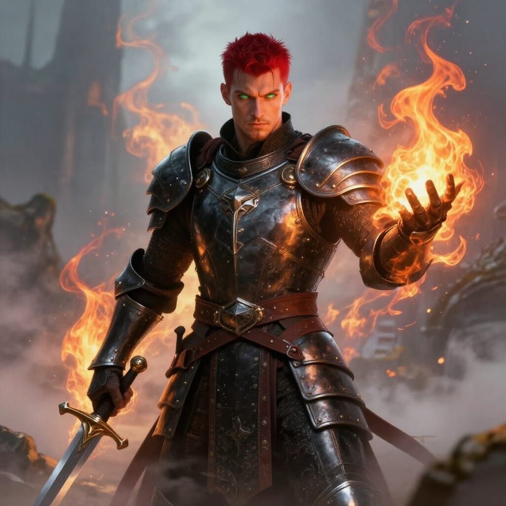 Muscular Warrior Wielding Sword and Flame Magic