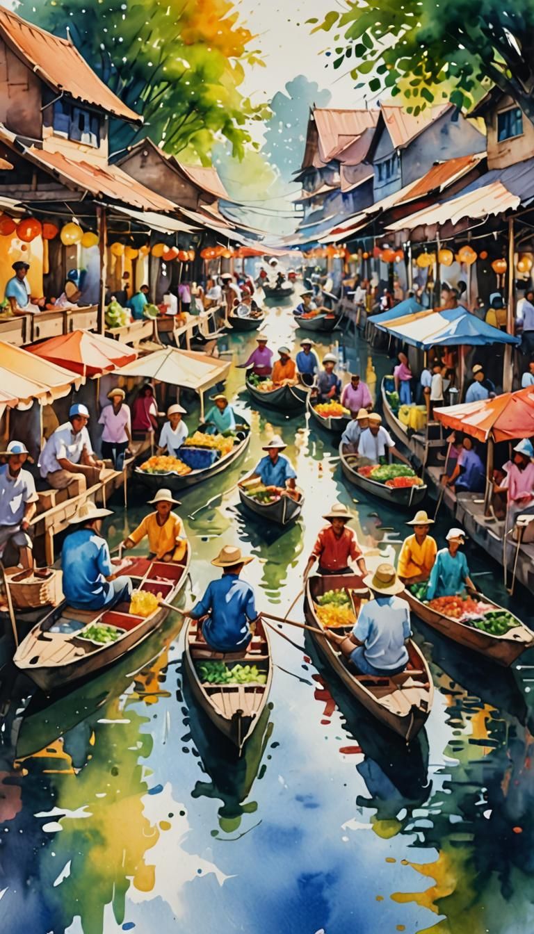 Bustling Floating Market in Watercolor
