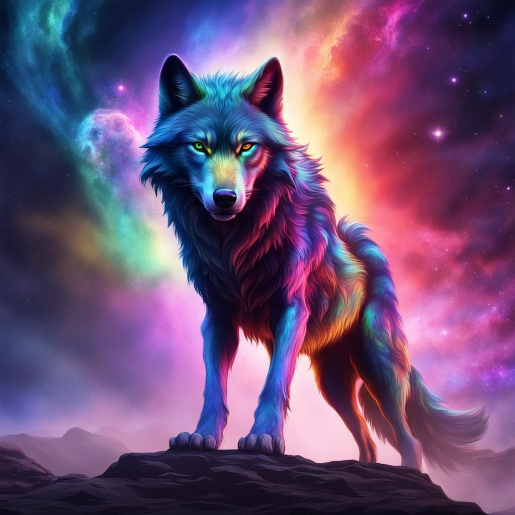 Rainbow Wolf Navigates the Galaxy: Detailed Matte Painting