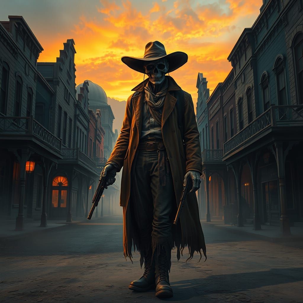 Undead Gunslinger in Haunted Ghost Town at Dusk