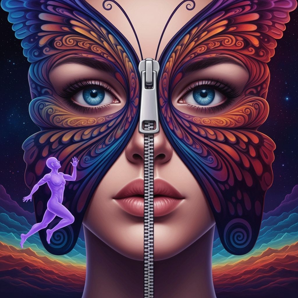 Feminine Face with Ornate Butterfly Mask and Cosmic Patterns