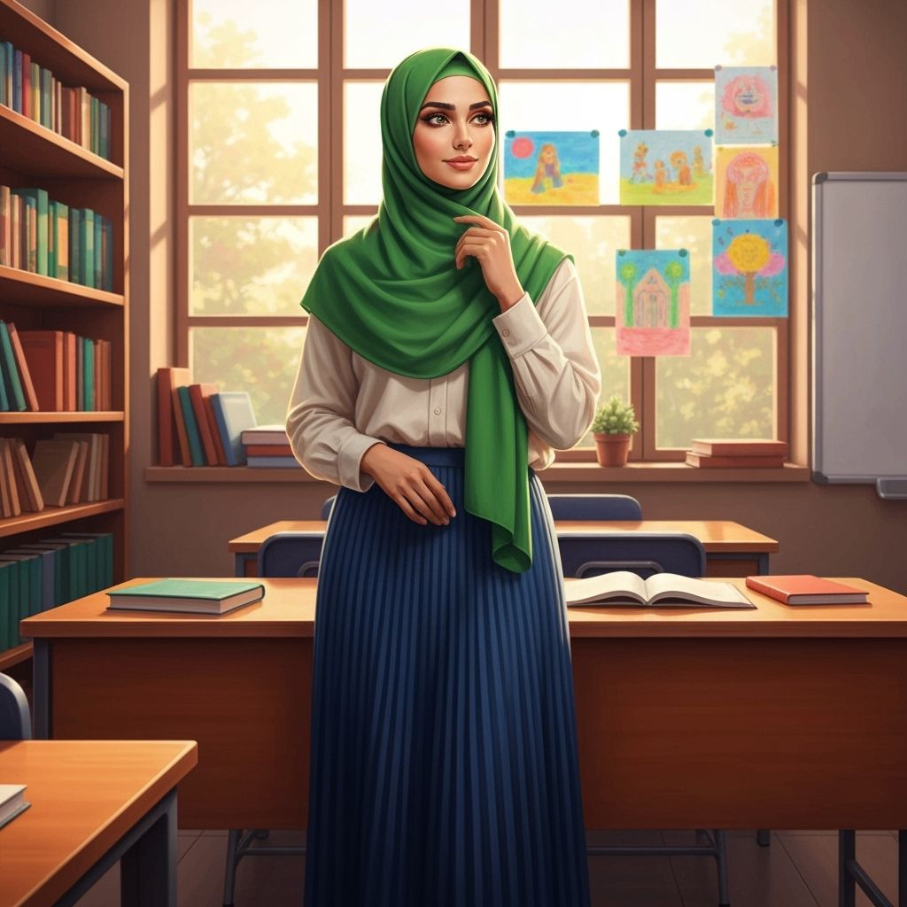 Confident Hijabi Teacher Portrait in Classroom