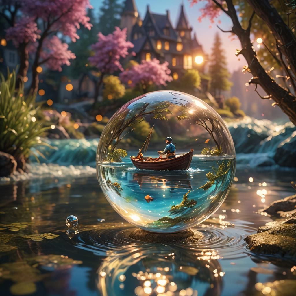 Dreamy River Inside Glass Ball, Vibrant Oil Painting