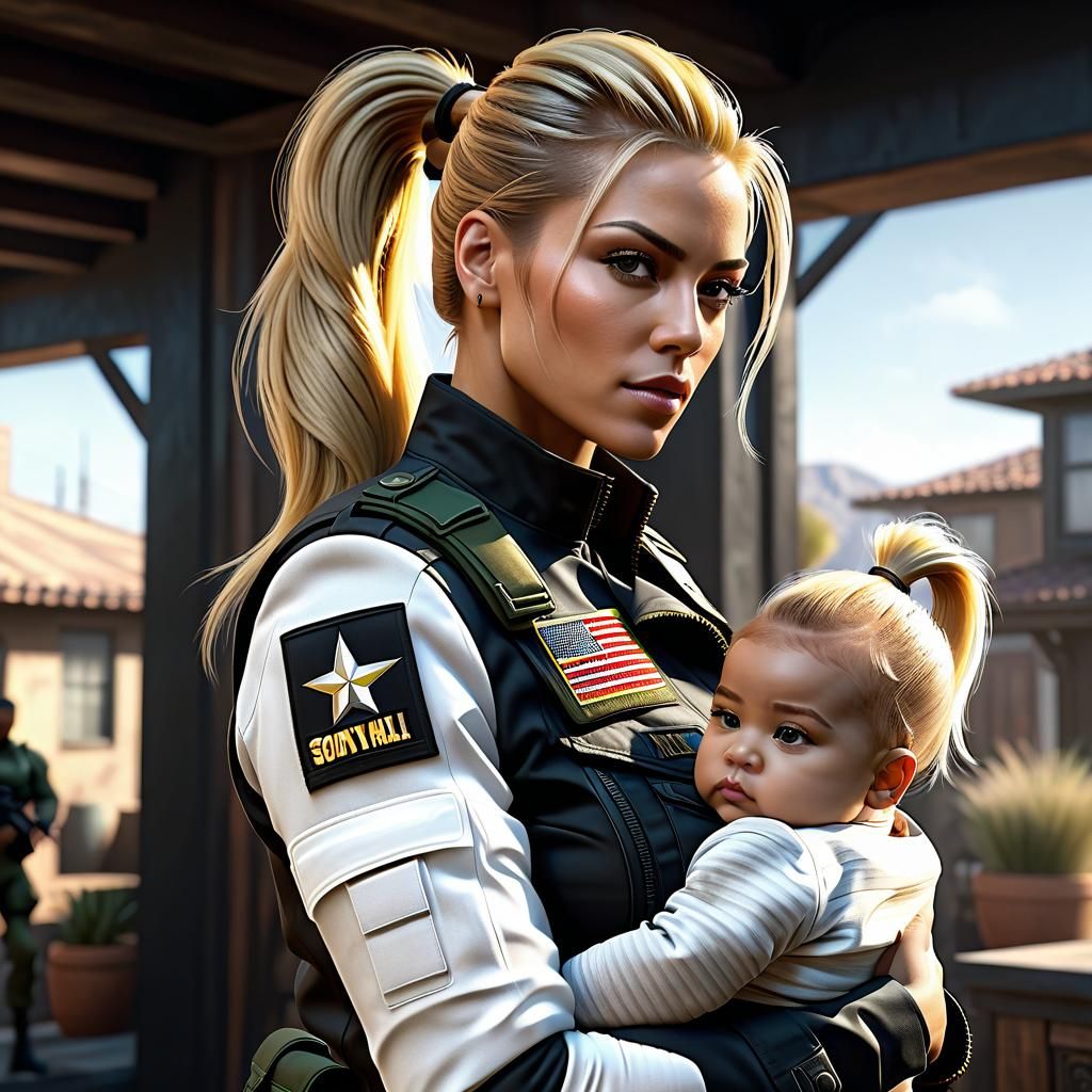 Sonya Blade holding her infant daughter Cassie Cage at her house in Los Angeles