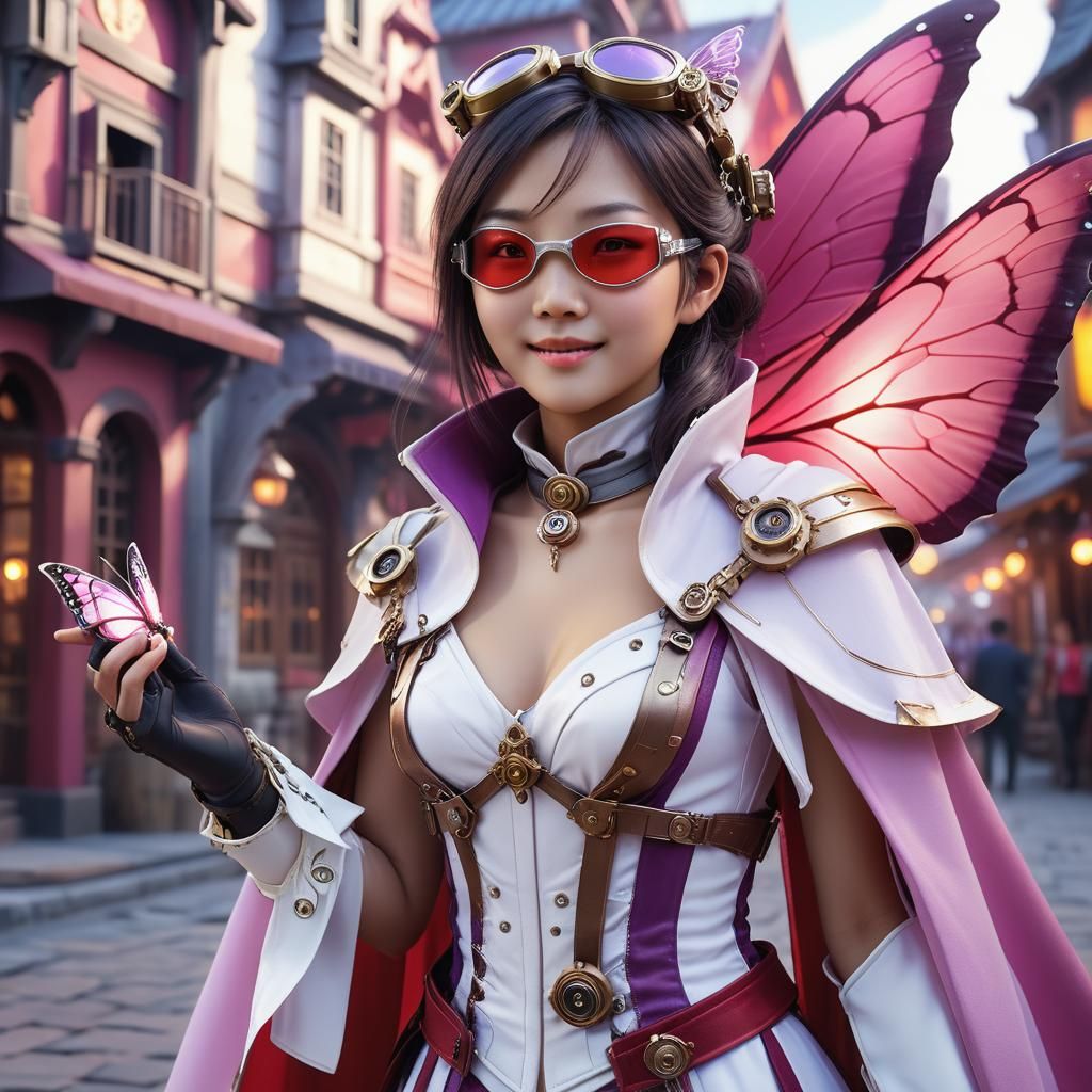 Steampunk Asian Woman with Butterfly Wing in Anime Style