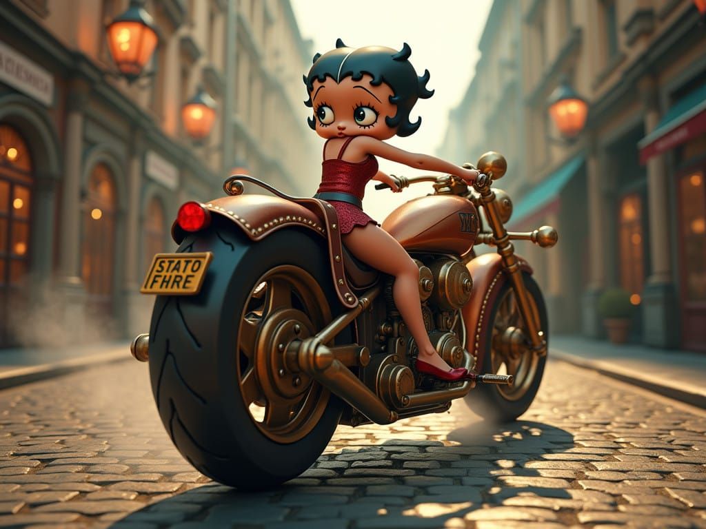 Betty Boop Speeds Along Steampunk Prague Street