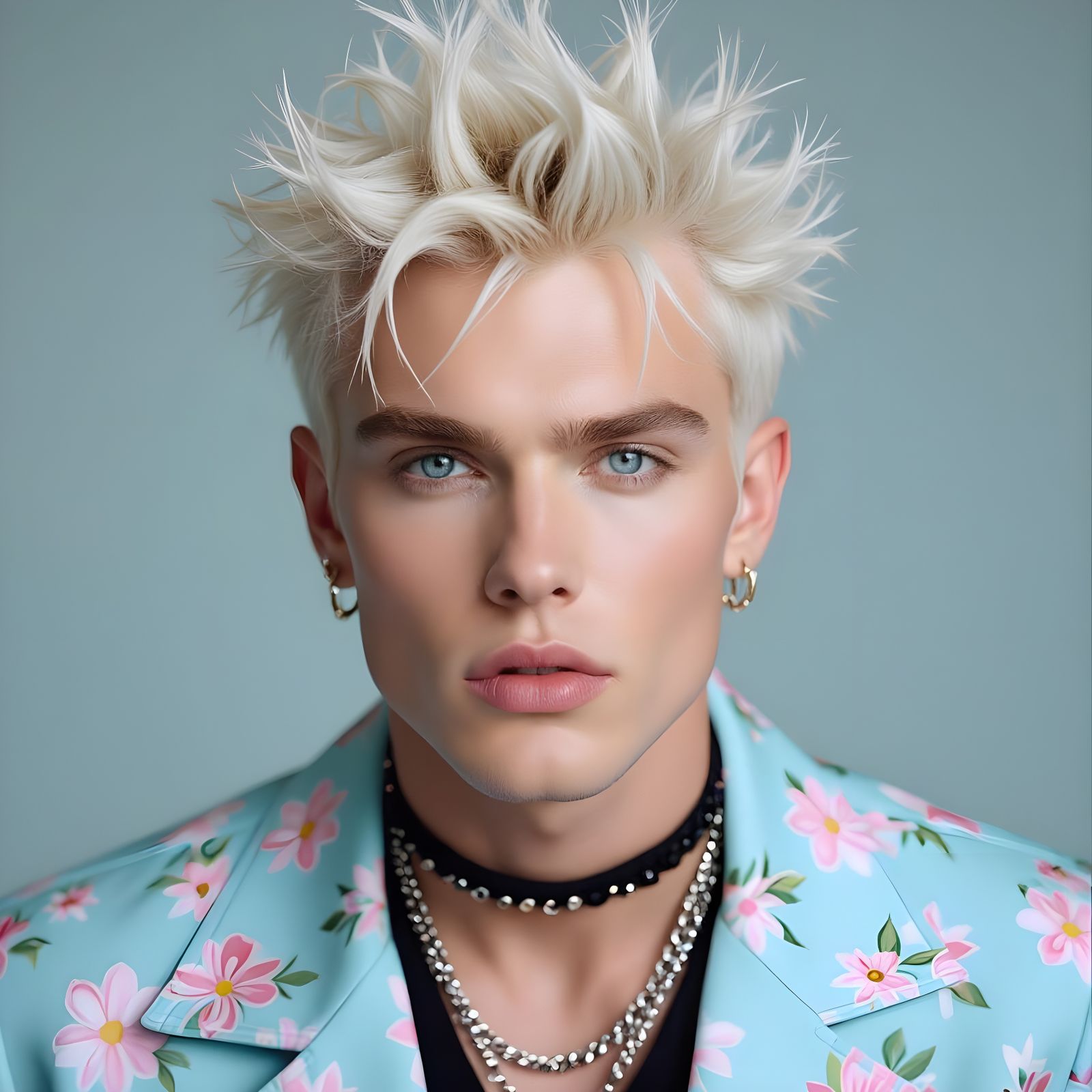 Icy Blonde Man with Spiky Hair in 80s Portrait