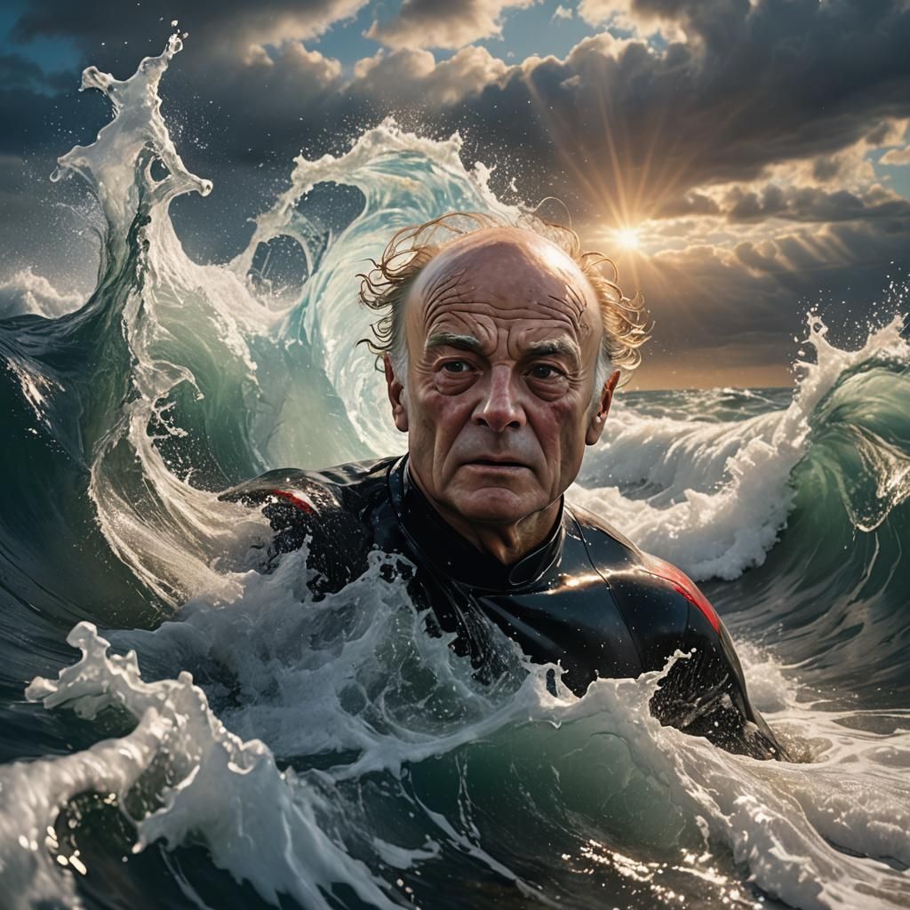 Hyper-Realistic John Quincy Adams Swimming in Ocean