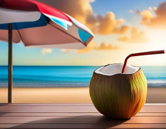 Refreshing Coconut Drink Under Beach Umbrella
