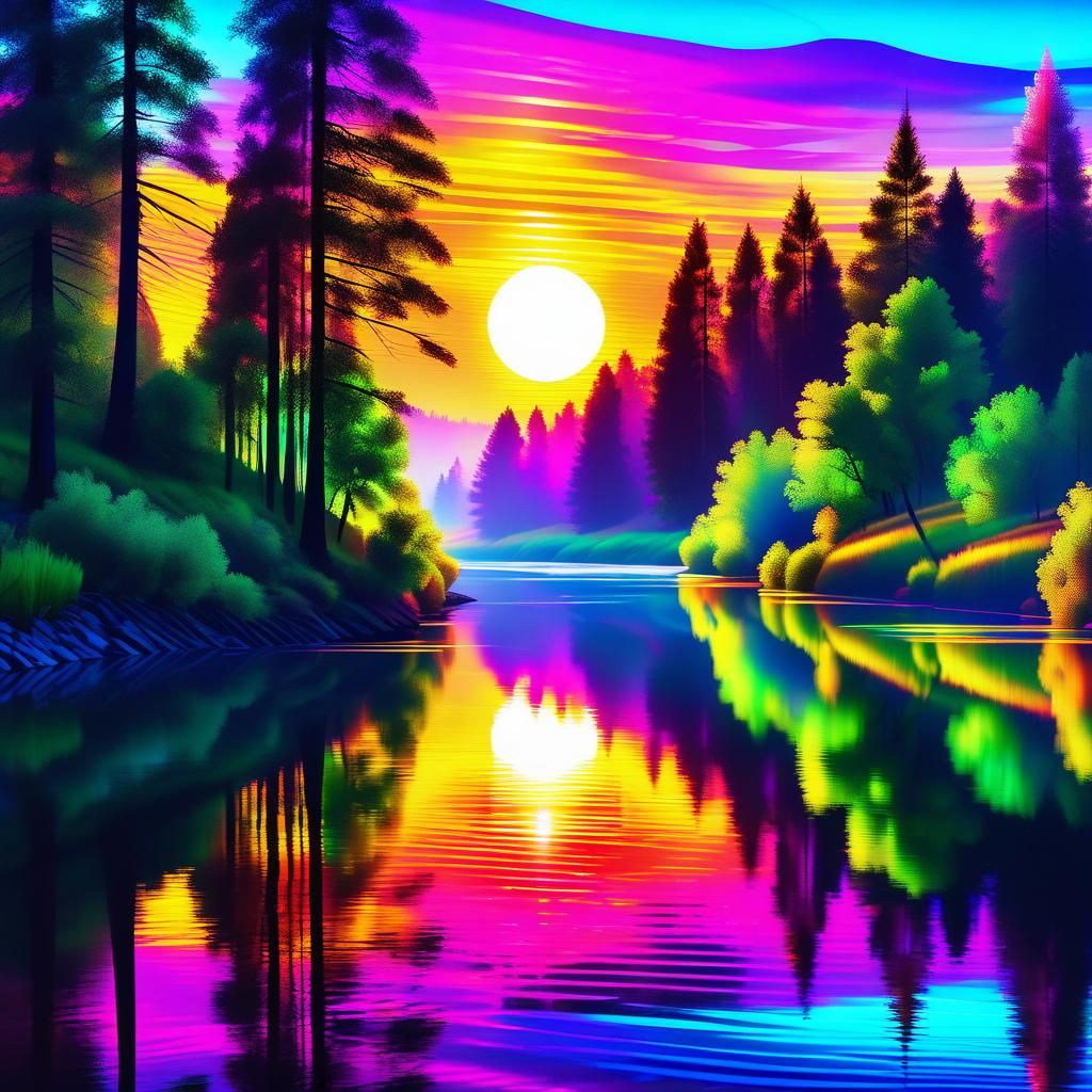 Landscape Sunset River in Holographic Art