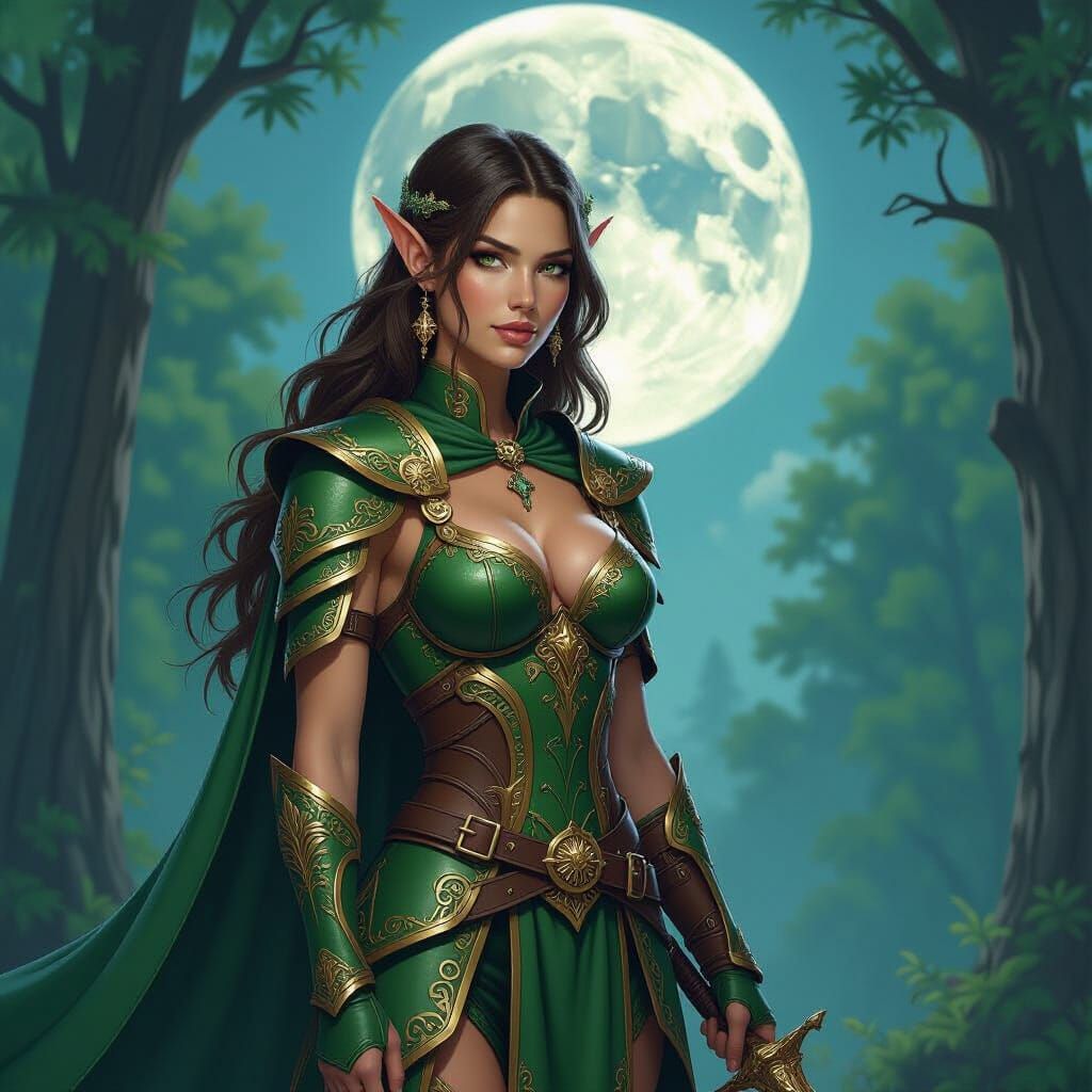 Elven Fighter-Mage in Forest Moonlight